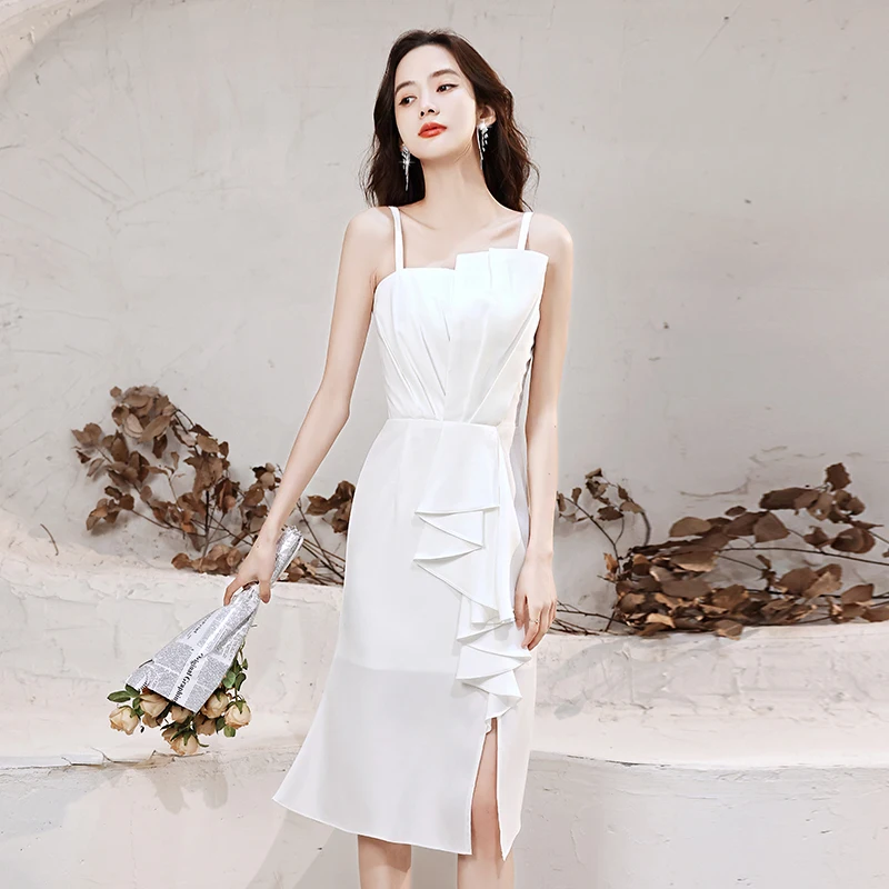 

Special Occasion Dresses Vintage Strapless Sleeveless Spaghetti Strap Luxury White Backless A-Line Pleat Women Prom Gown E987