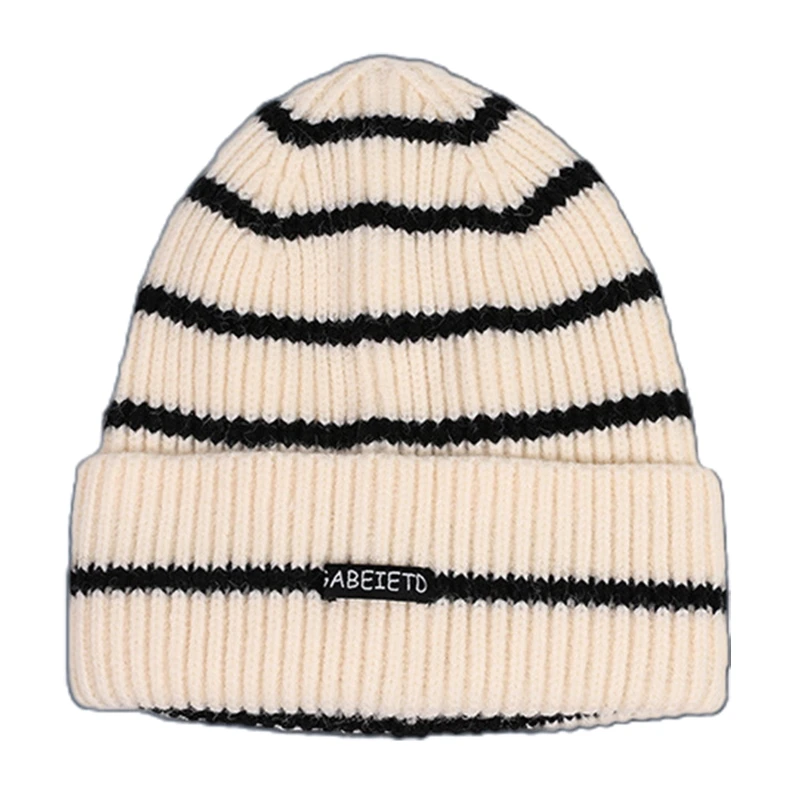 

Unisex Winter Ribbed Knitted Beanie Hat Contrast Color Stripes Letters Label Harajuku Student Cuffed Pointed Skull Cap