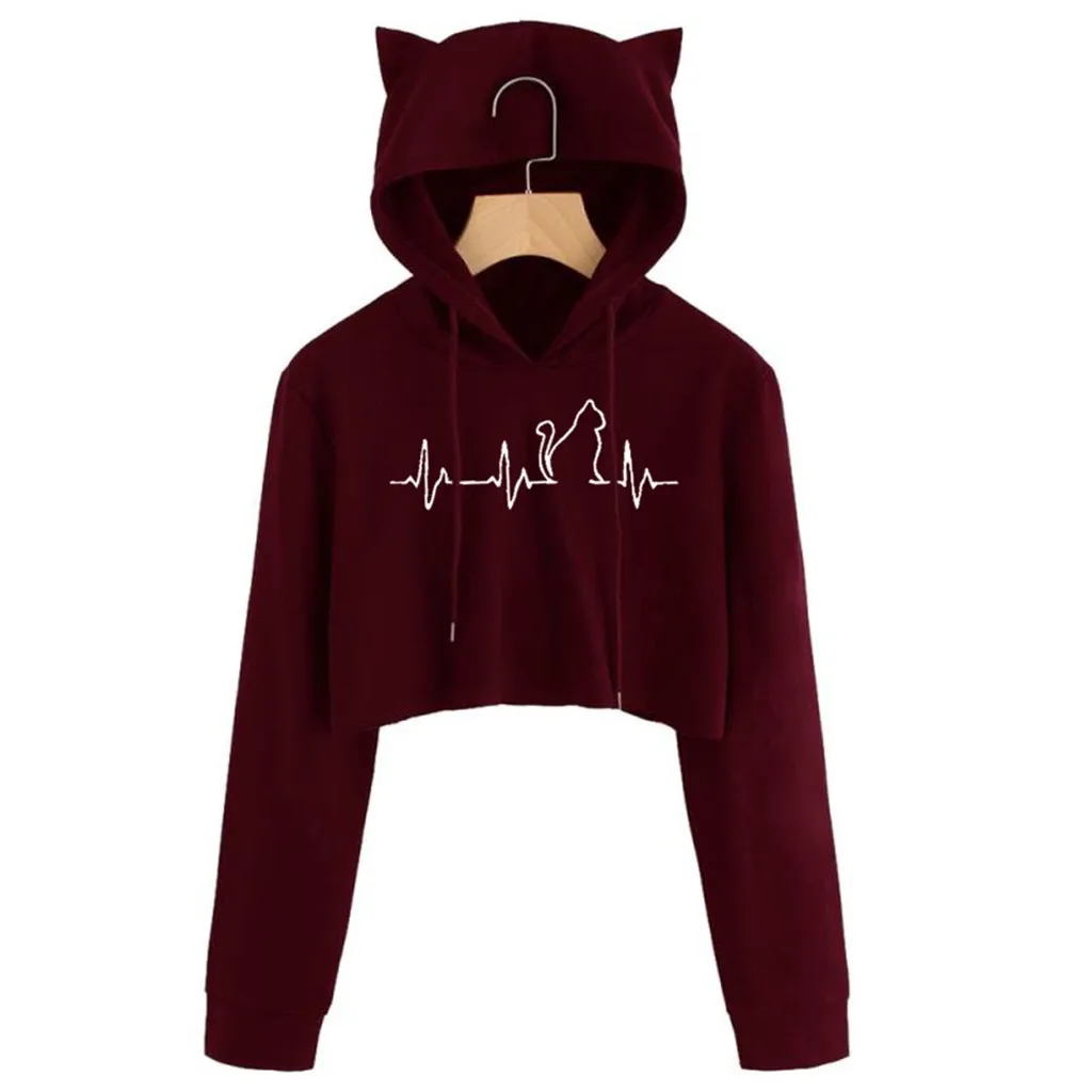 

2020 New Autumn Womens Sweatshirts Hoodie Crop Tops Solid Cat Ear Long Sleeve Cropped Sweatshirt Cartoons Hooded Pullover #5