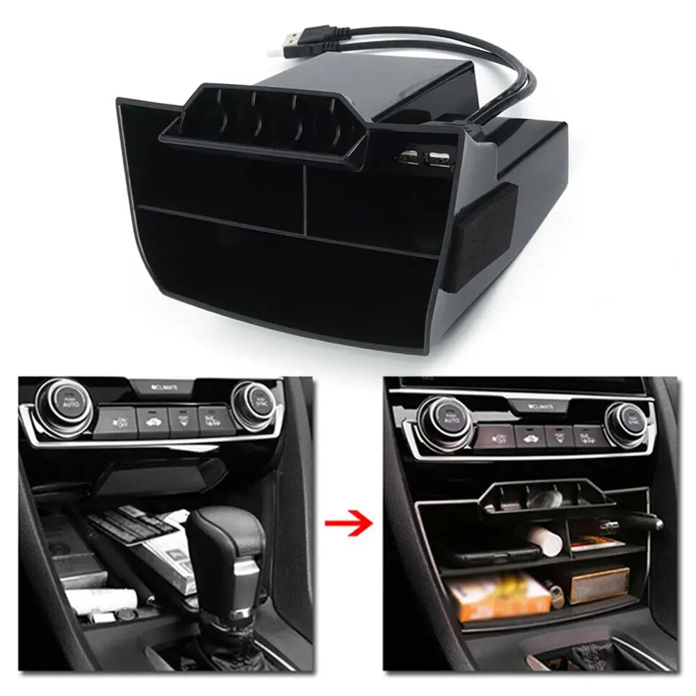 

Car ABS Inner Console Central Storage Box USB Port For Honda Civic 2016-2019