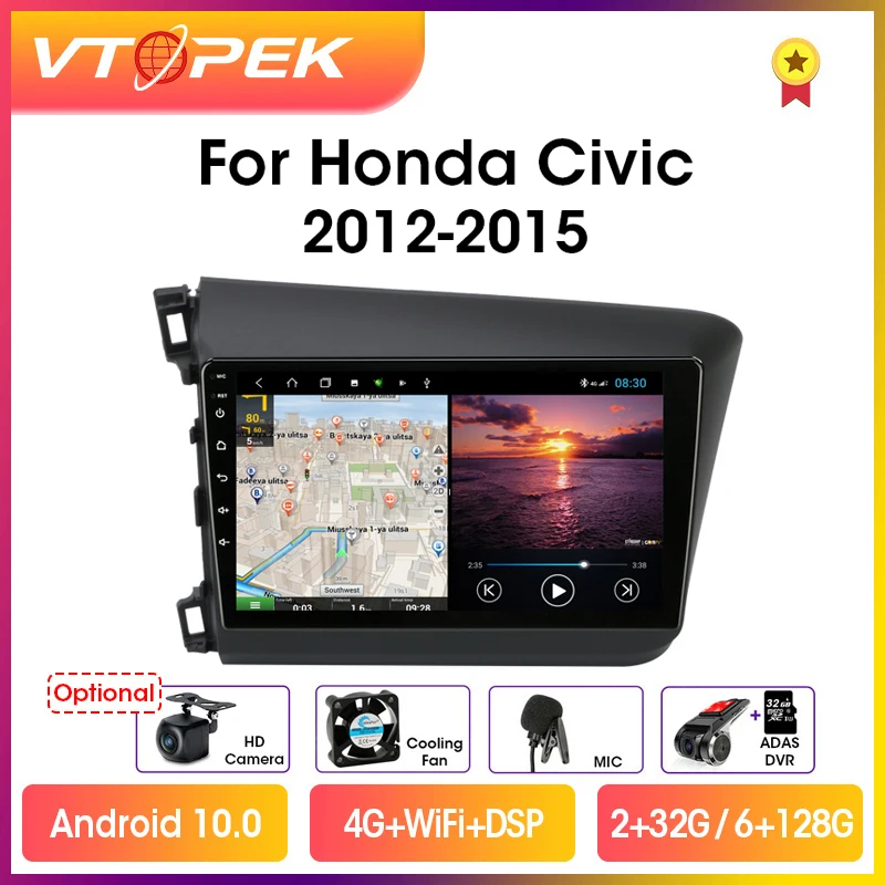 Vtopek 9" 4G+WiFi DSP RDS 2din Android 10.0 Car Radio Multimidia Video Player Navigation GPS For HONDA CIVIC 2012-2015 Head Unit