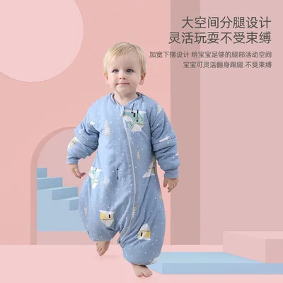 Pure cotton baby sleeping bag fall/winter gauze split legs young children kick-proof quilt knitted cotton detachable sleeves