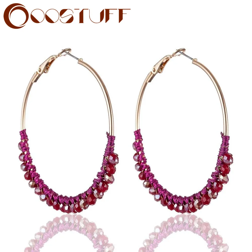 Женские серьги кольца с большими кристаллами золотые ручной работы