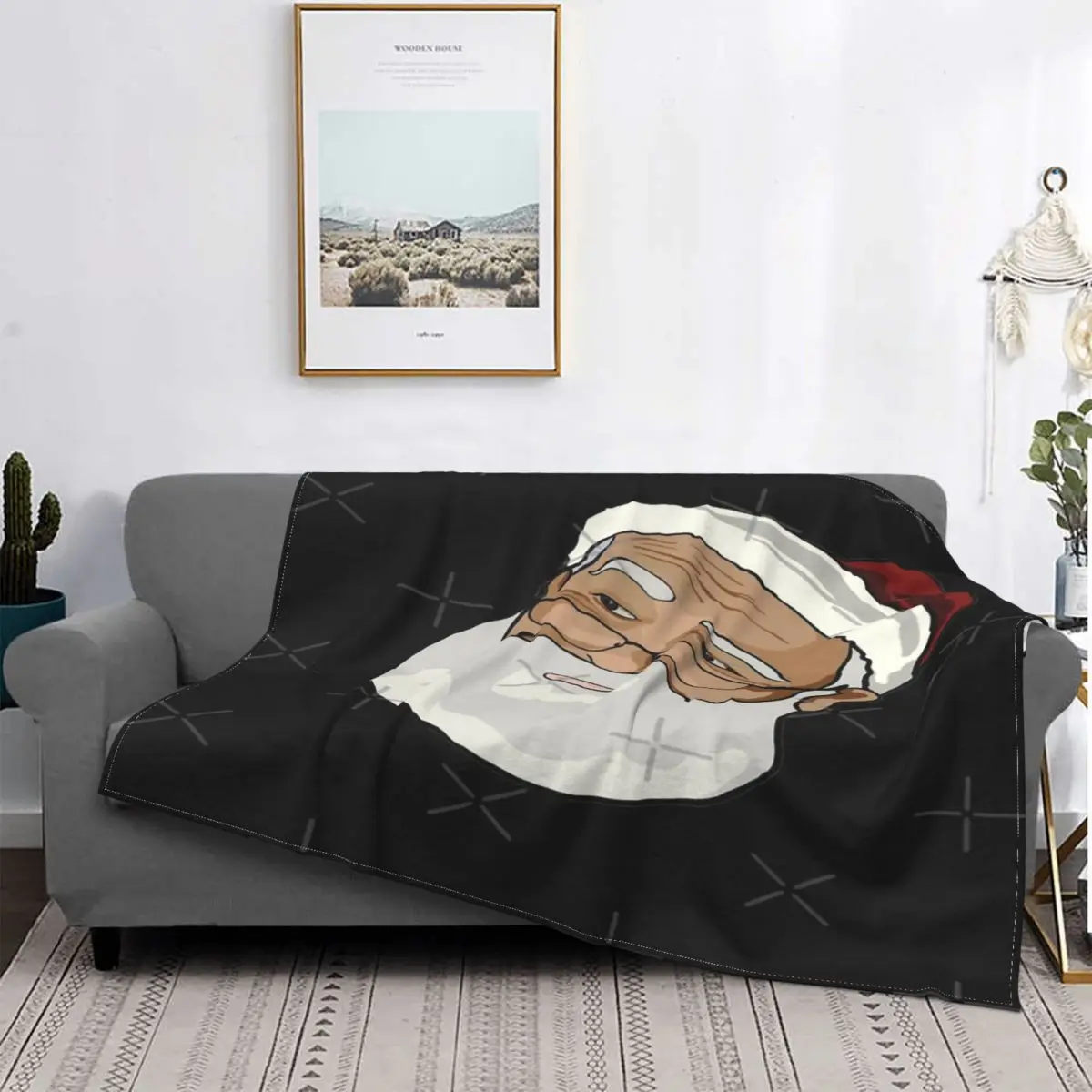 

Cara de Santa Claus con gafas de barba, manta, colcha de cama a cuadros, colchas, manta de muselina, colcha de verano