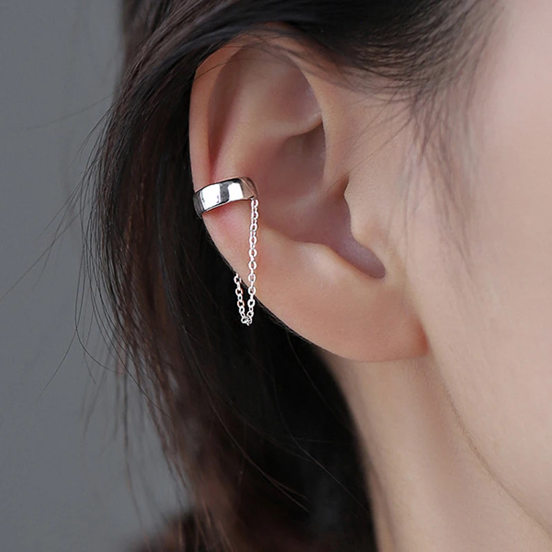 

1 Pair 925 Sterling Silver Non-pierced Chain Clip Earrings Female Asymmetric Simple Unique Earrings Dangle Earring Fake piercing