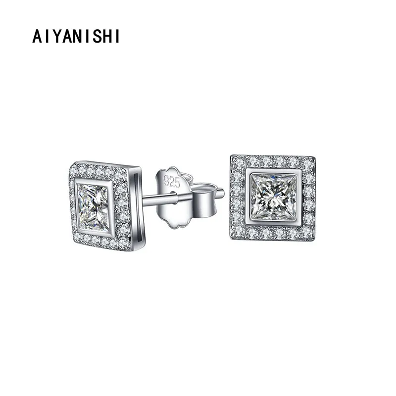 

AIYANISHI 925 Sterling Silver Stud Earrings Halo Princess Cut Silver Stud Earrings for Women Wedding Engagement Party LoverGifts