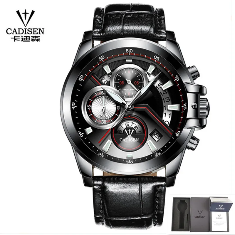 leather black box CADISEN, мужские часы, Топ бренд, Роскошные, военные, армейские, спортивные, повседневные, водонепроницаемые, мужские часы, кварцевые, нержавеющая сталь, наручные часы - Цвет: leather black box