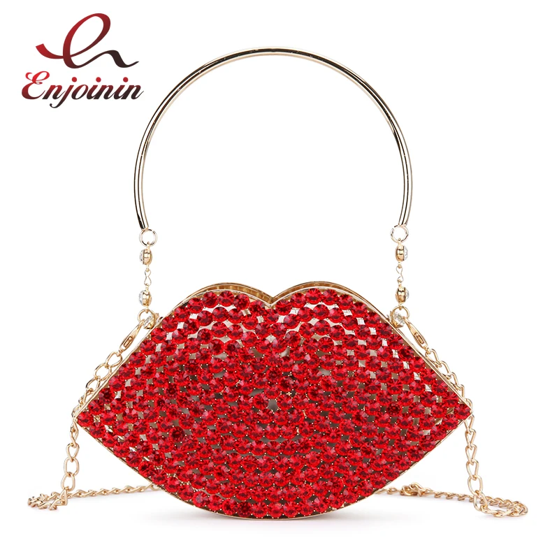 

Luxury Diamond Red Lips Evening Clutch Bag for Women New Hollow Out Small Metal Cage Ladies Rhinestone Purses and Handbags