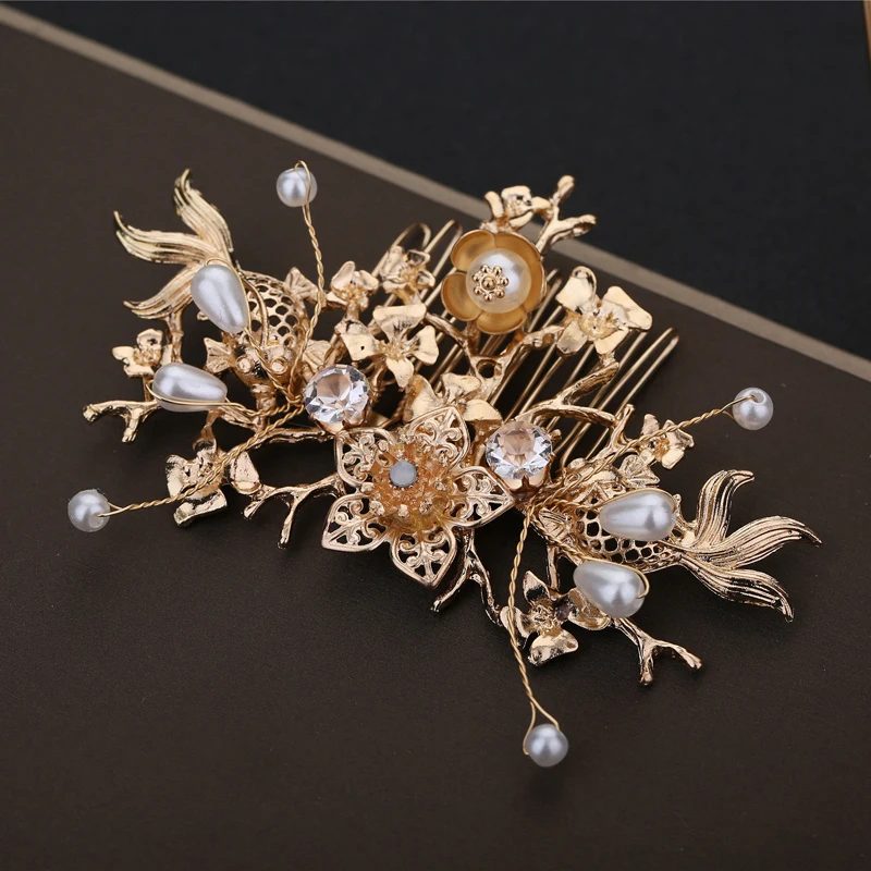 

Gold Chinese Bride Hair Accessories Traditional Wedding Hairpins Pearls Bridal Hair Combs Hair Sticks Vintage Women Headdress