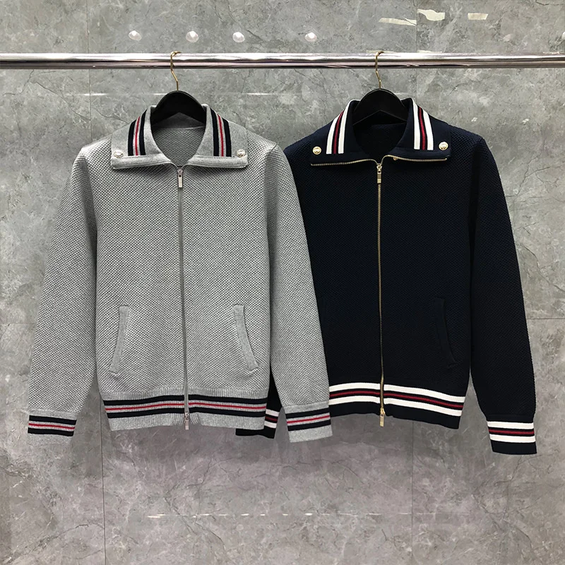 

Fashion 2021 Brand TB Jacket Men Zipper Cardigans Clothing Autumn Winter Striped Loose Turn Down Collar Solid Casual Coat
