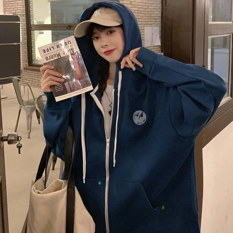 

Autumn Loose Embroidered Hooded Zipper Jum