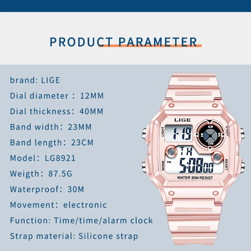 

LIGE 2021 New Kids Digital Alarm Clock Watch Waterproof Sports Fitness Timer Watches Glowing Electronic Clock For Mens Women+Box