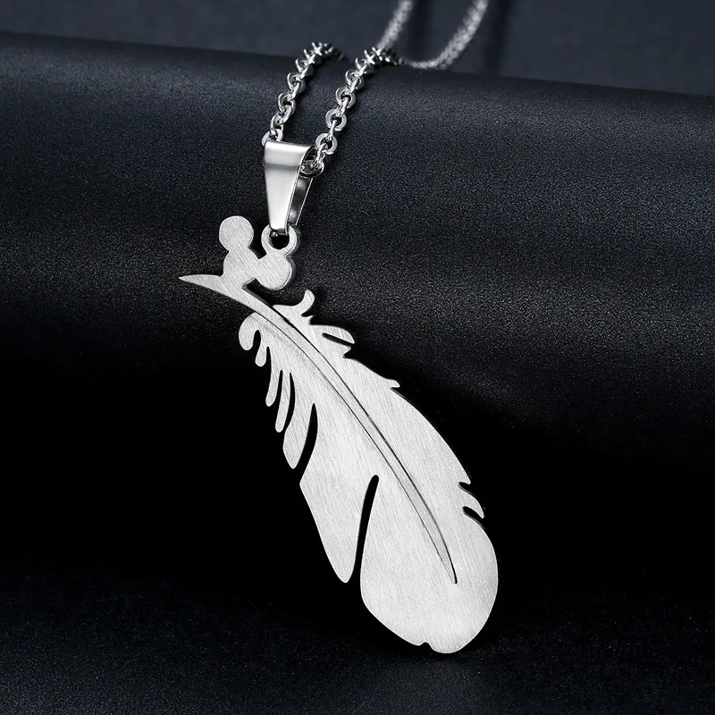 

Feather Necklace Chain Stainless Steel Necklace Women Men Simple Long Chain Feather Pendant Necklace Statement Couples Jewelry