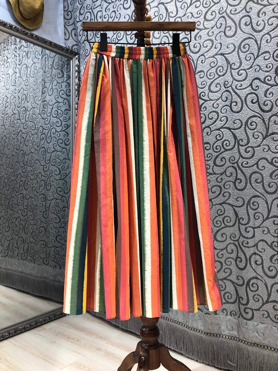 2021 new women fashion sexy elastic waist decoration color stripe stitching all-match mid-length skirt 507