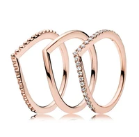 925 sterling silver pan ring rose gold wish bone ring stack with crystal for women wedding party gift fashion jewelry