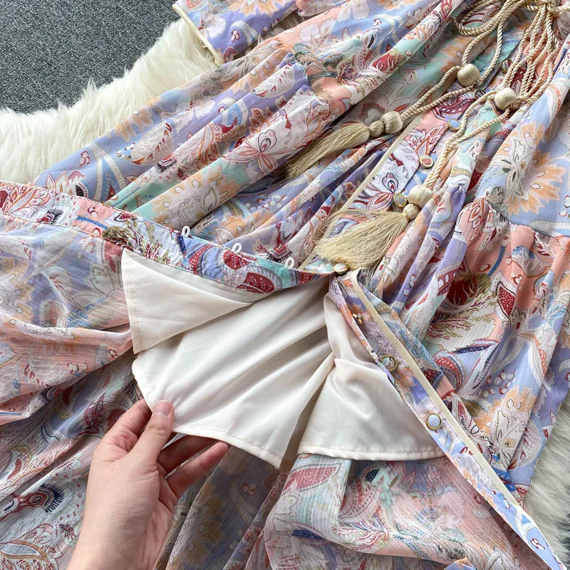 

Women Vintage Print Floral Dress O Neck Puff Sleeve A Line Dress Autumn Chiffon Drawstring Maxi Dress Palace Style