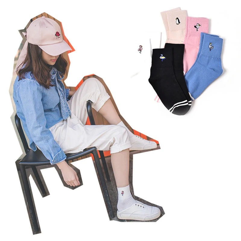 Носки женские с вышивкой мягкие удобные Смешные симпатичными птицами красивым