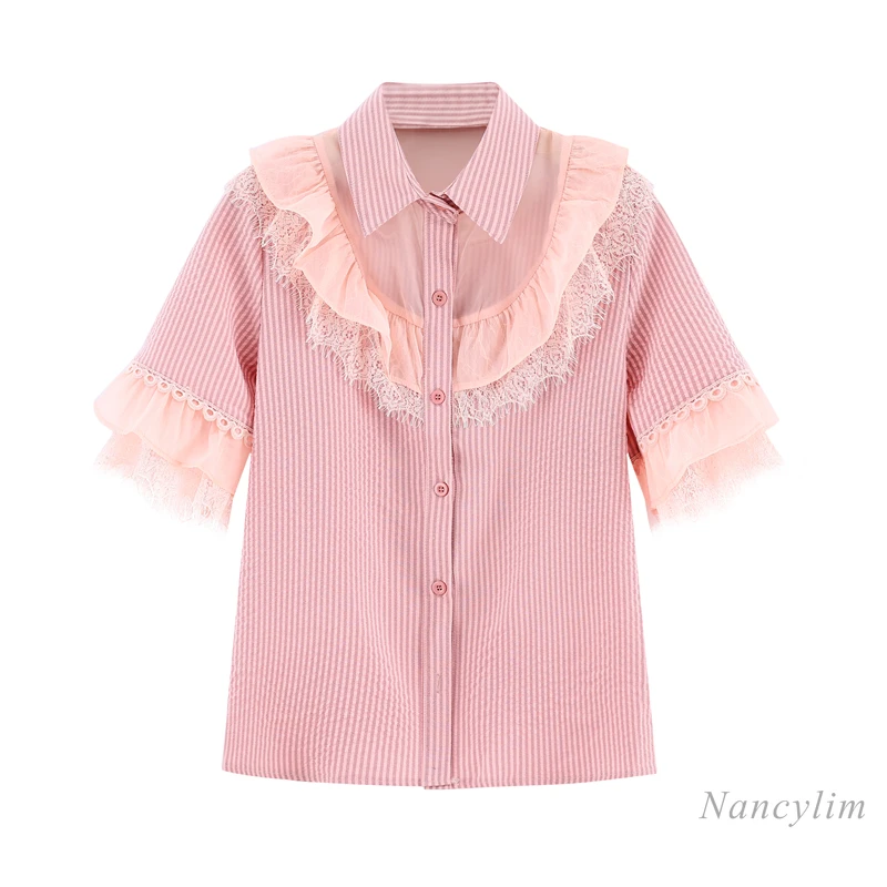 Lace Mesh Patchwork Ruffled Striped Short Sleeved Shirt for Women 2021 Summer Korean Style Loose Pink Blouse Blusas Femme