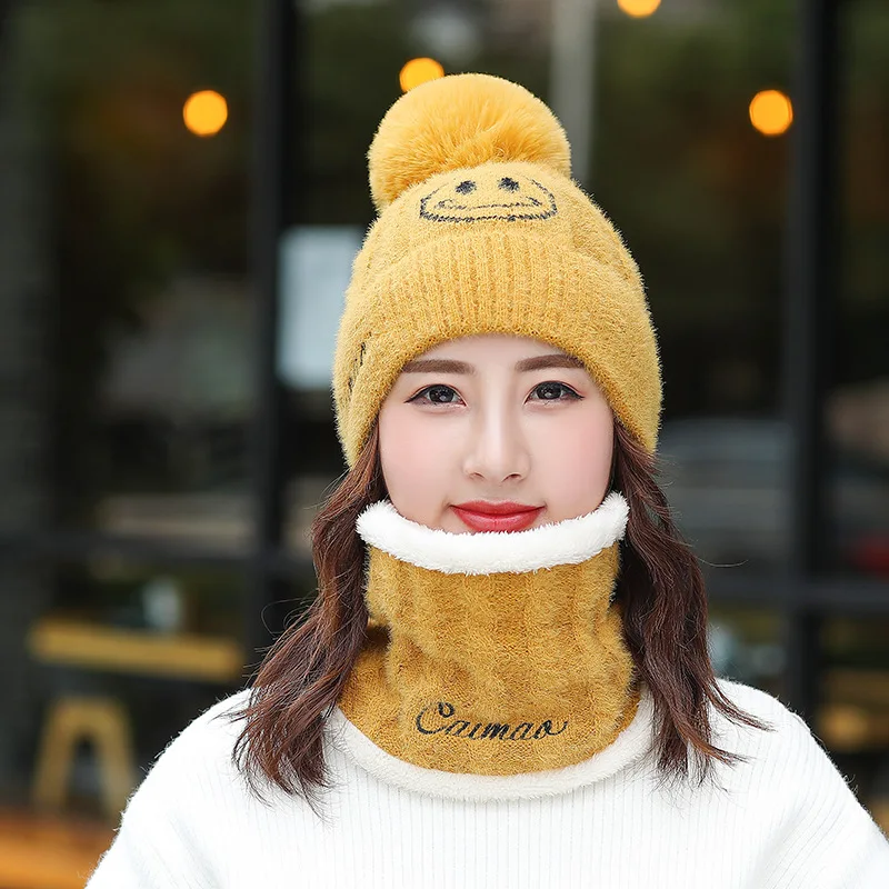 

Smiley Face Knitted Hat Ladies Plus Velvet Padded Bib Woolen Hat Outdoor Cold-proof Head Hat Korean Style Embroidered Hat