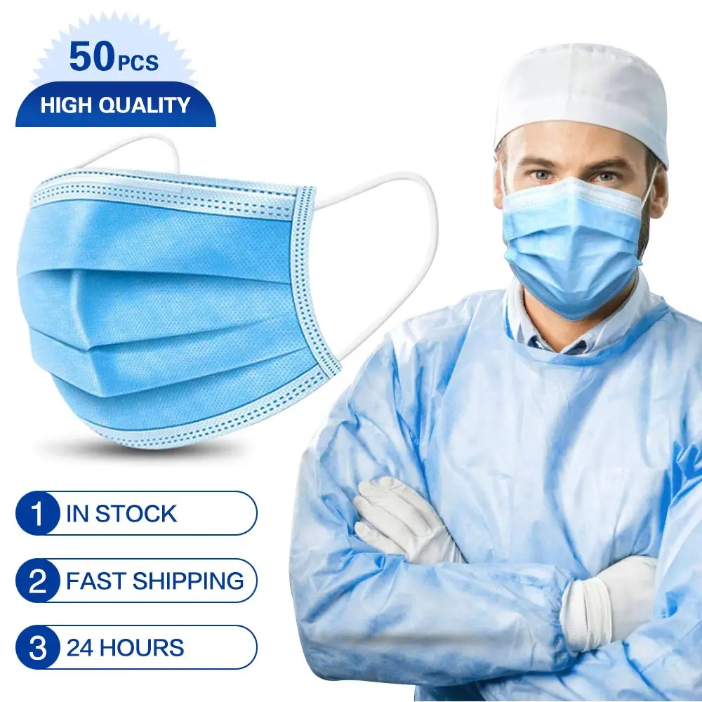 Маска противопылевая одноразовая 3 слойная эластичная с фильтром от пыли петлями