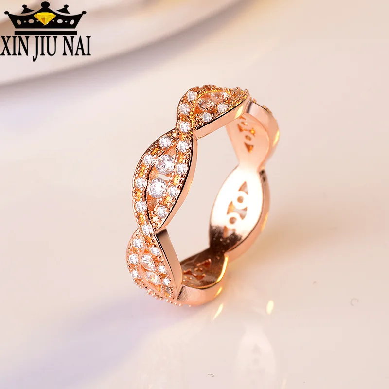 2 вида цветов крест дрель 14K розовое золото кольцо круглый твист De Diamante Bague Jaune