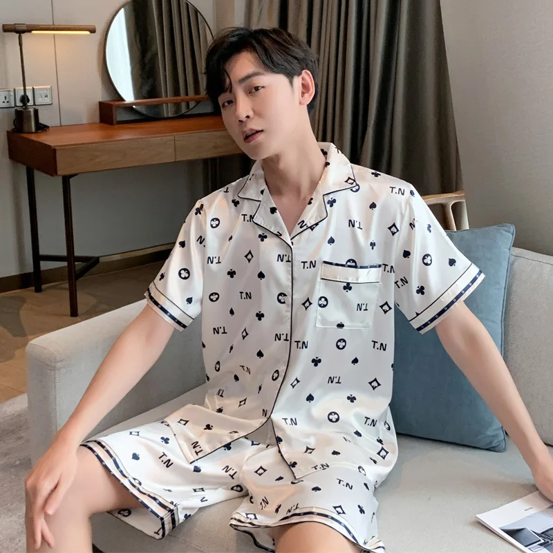 2021 New Summer Ice Silk Couple Pajamas Suit Short Sleeve Shorts Sleepwear Women's Homewear Female Nightwear Sleeping Wear