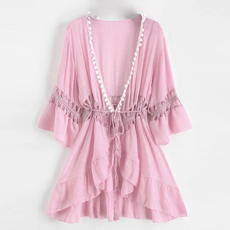 pink Sfit, накидка, летняя, женская, Пляжная, розовая, туника, платье, бикини, для купания, саронг, юбка, купальник, накидка, Ashgaily - Цвет: pink