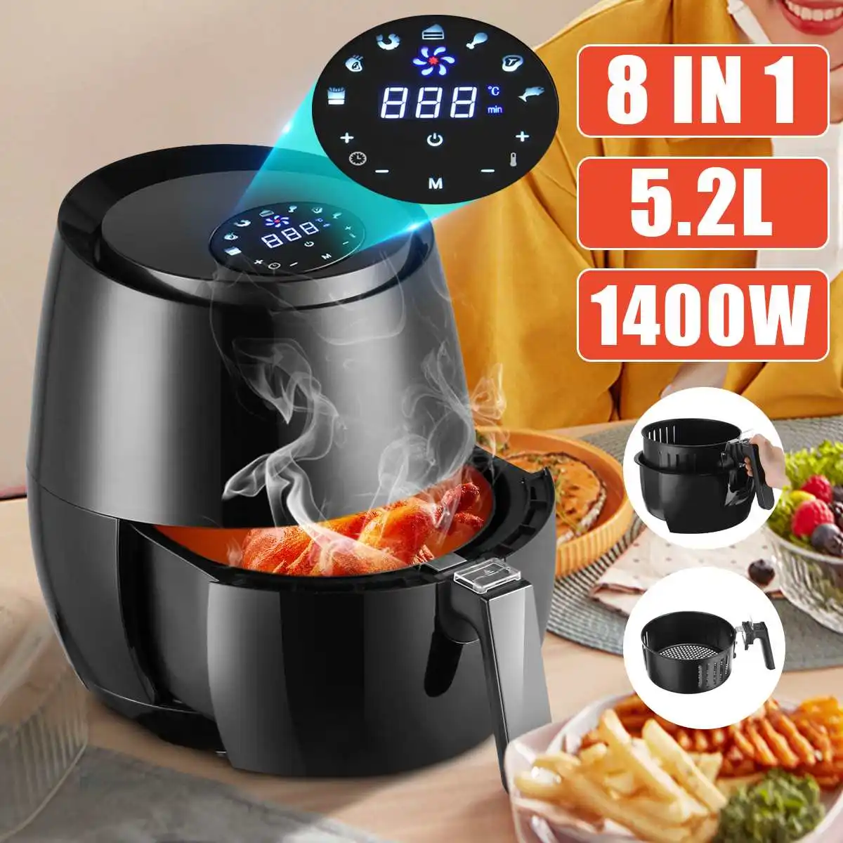 

1400W 5.2L Air Fryer Airfryer Pizza Multi function Smart Fryer Chicken Oil free Health Cooker Smart Touch LCD Kitchen Appliances
