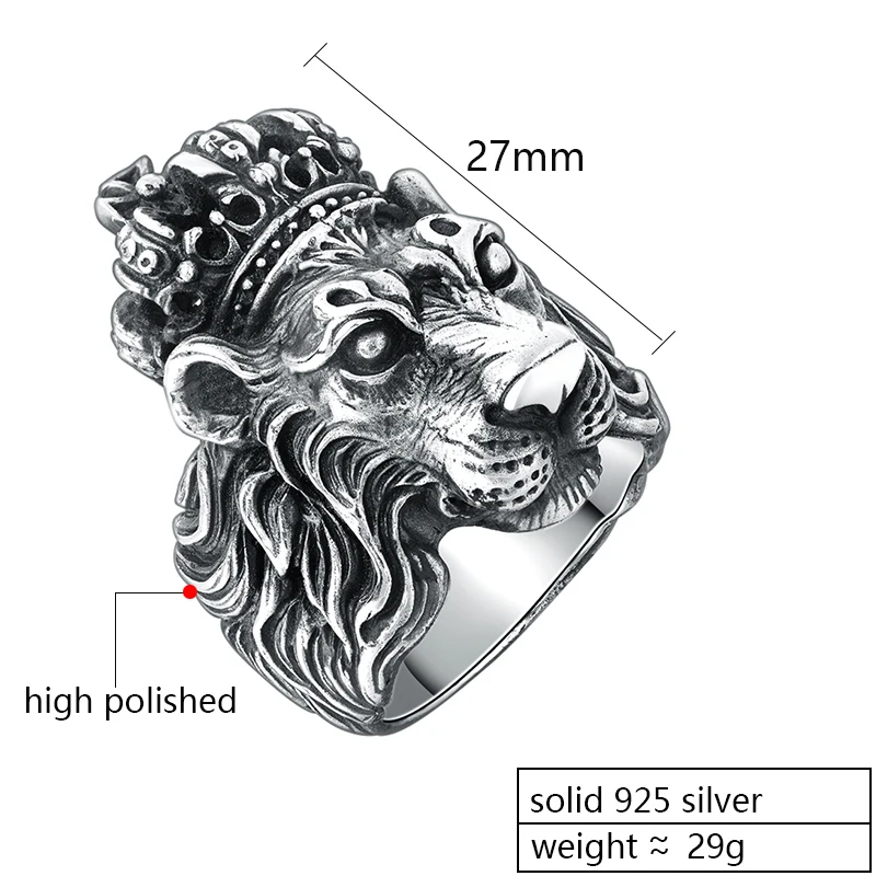 ZABRA, настоящее, одноцветное, 925 пробы, Серебряная корона, Король Лев, кольцо для мужчин, мальчик, панк, Ретро стиль, крутое, байкерское, голова льва, кольцо