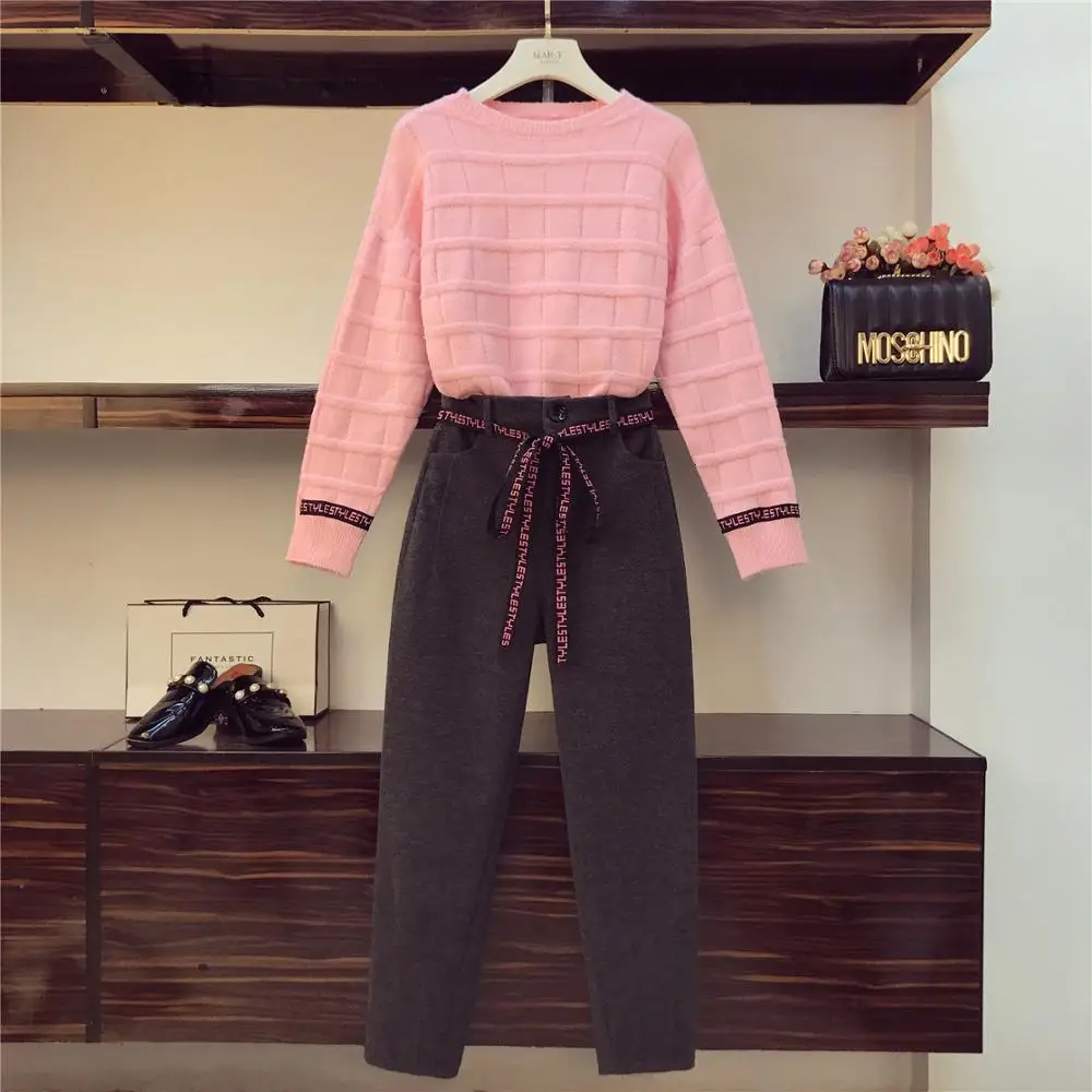 Новая мода высокое качество женский свитер + штаны комплекты одежды круглый