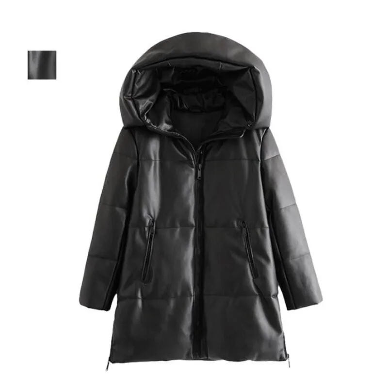 Korean Winter New Women Hooded PU Leather Cotton Jacket 2022 All-match Slim Solid Color Casual Cotton Coat Femme Outerwear Tops