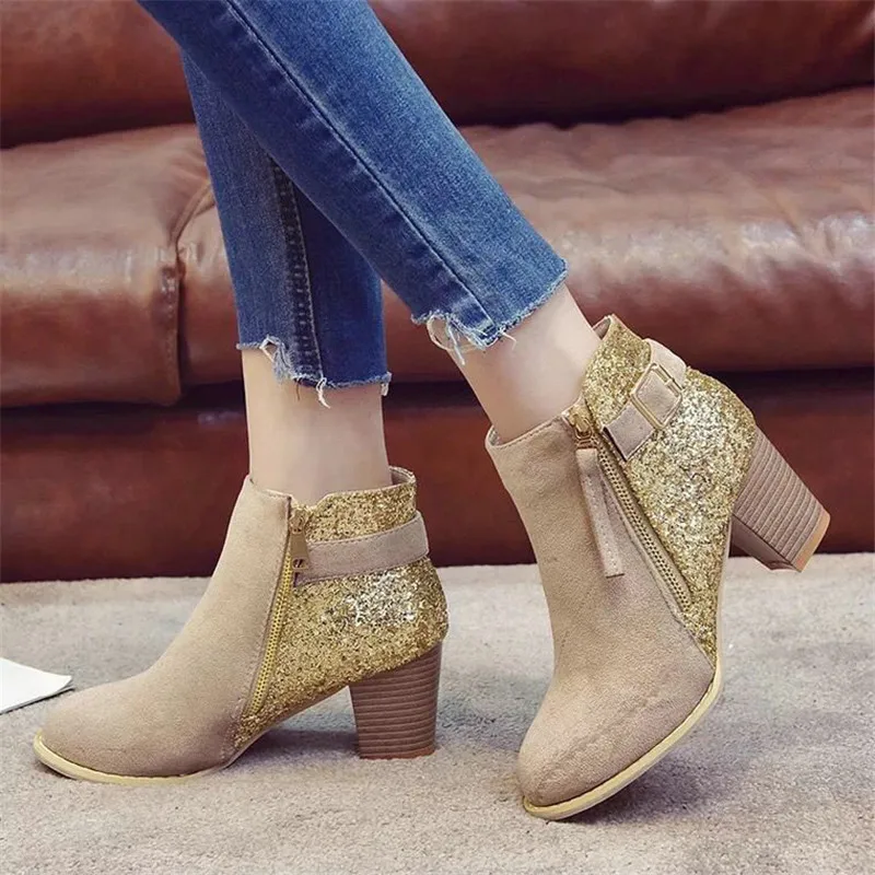 Женские ботильоны с блестками ботинки на высоком каблуке молнии большие размеры