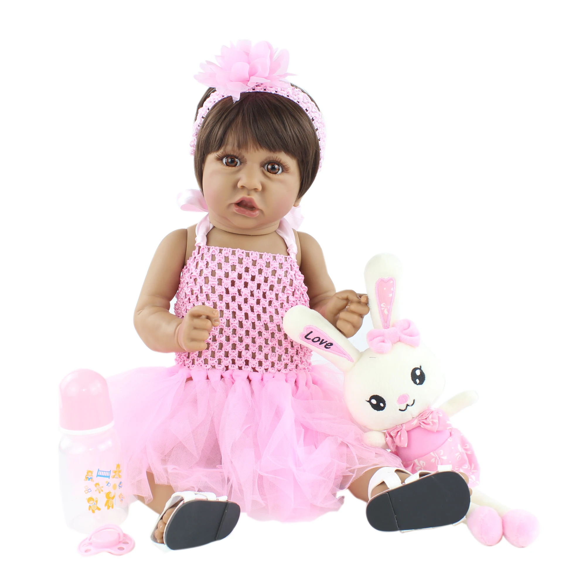 

New Arrive 55cm Full Body Soft Silicone Baby Reborn Girl Dolls Lifelike Brown Skin Vinyl Boneca Birthday Gift Bathe Toy