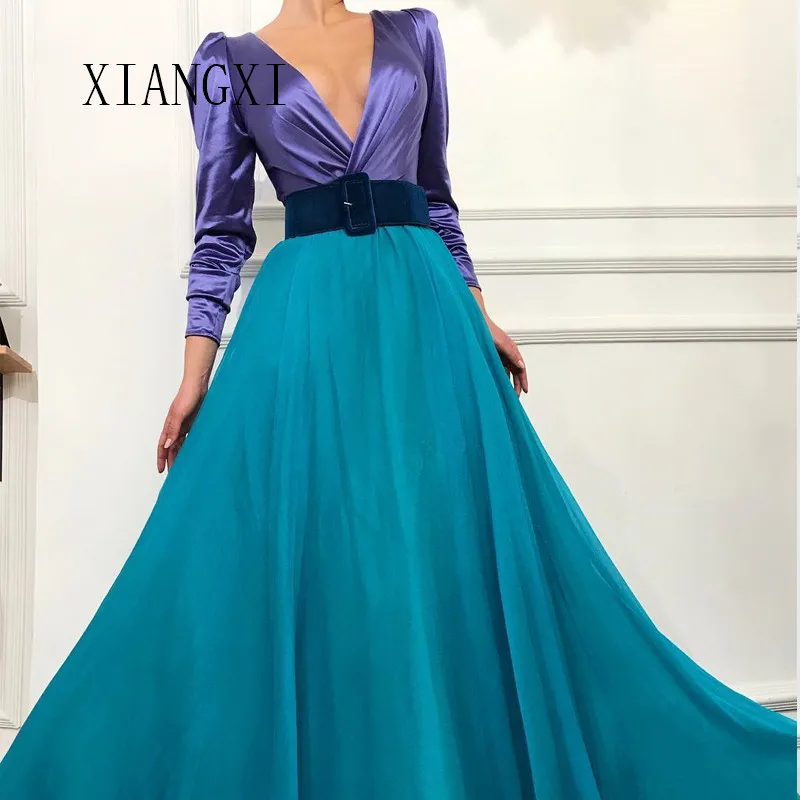 

Простое мусульманское вечернее платье 2020, платье с глубоким V-образным вырезом и длинными рукавами в пол для выпускного вечера, длинное вече...