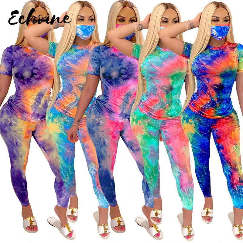 

Женский комплект из двух предметов с принтом Tie-dye, летний Повседневный пуловер с коротким рукавом и облегающие велосипедные леггинсы