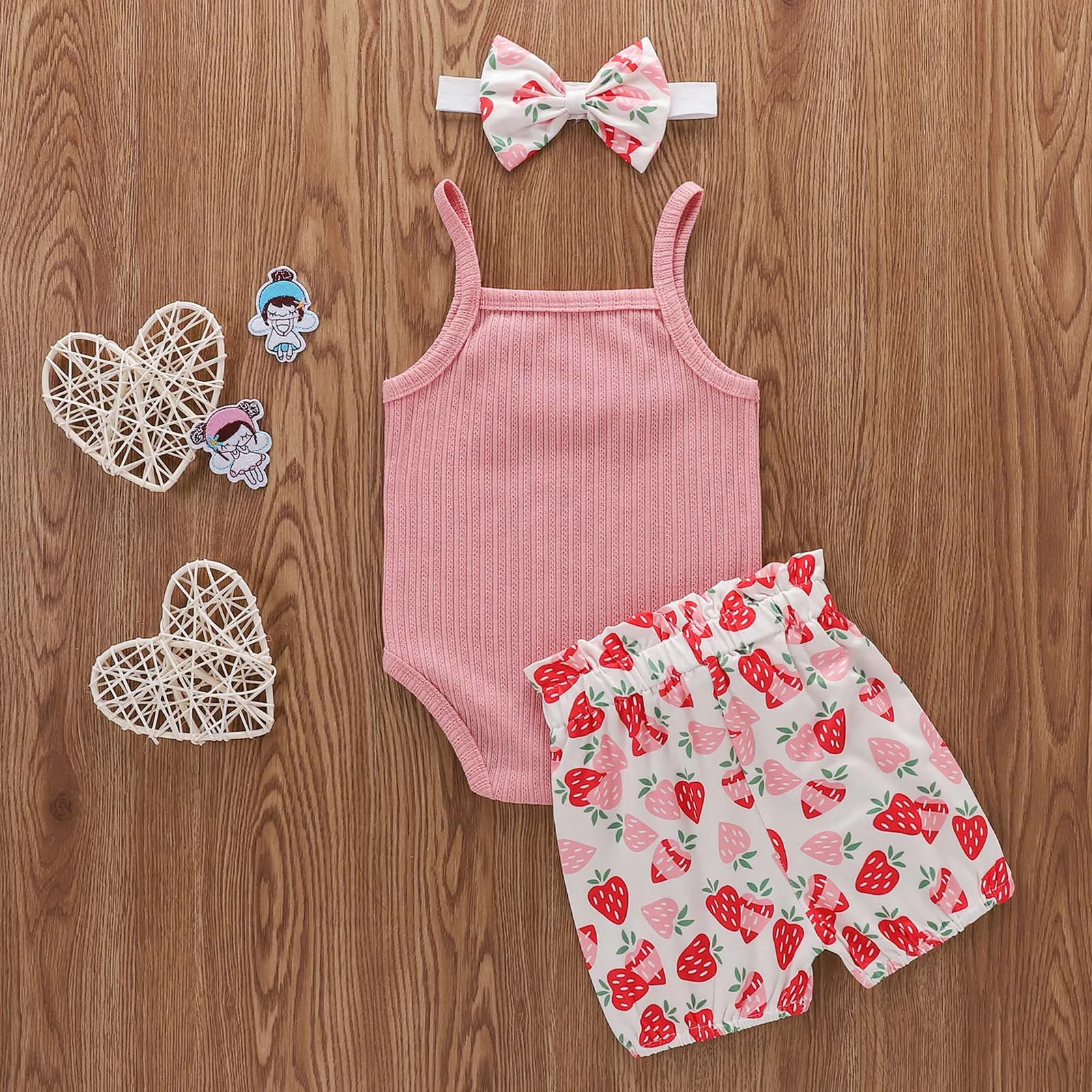 

Newborn Summer Outfits Toddler Baby Girls Sleeveless Romper Printed Shorts Headband 3Pcs Suits Cute Casual Infant Clothing Set