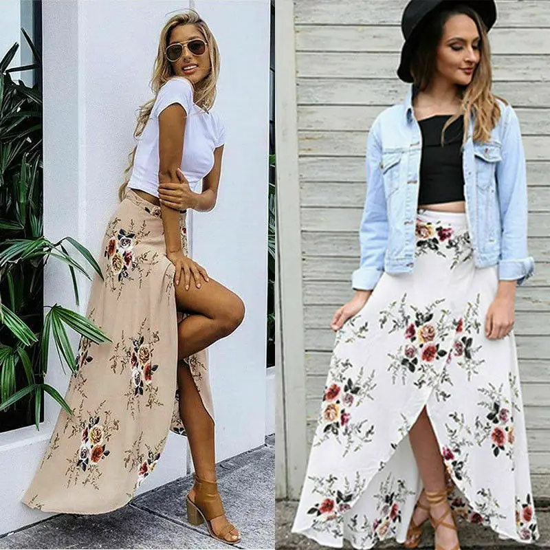 

Women Leopard Print Tie Waist Asymmetric Hem Side Split Casual Ruffle Skirt Chiffon Beach Wrap Cover Up Maxi Skirt (White, XL)