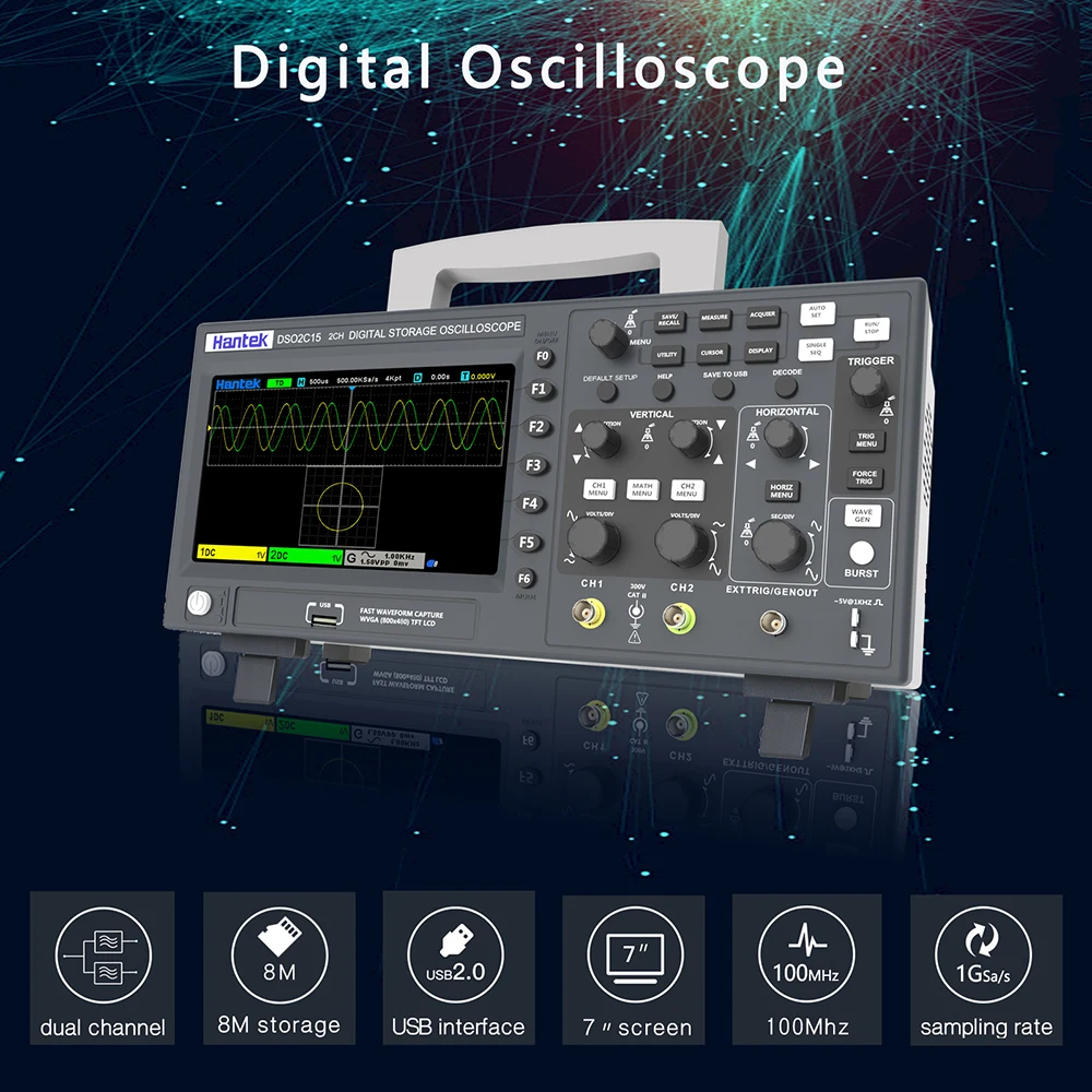 Hantek Digital Osciiloscope 2 Channels 100Mhz/150Mhz Storage Osciloscopio 1GSa/s Sample Rate DSO2D10 2D15 Portable Oscilloscop |