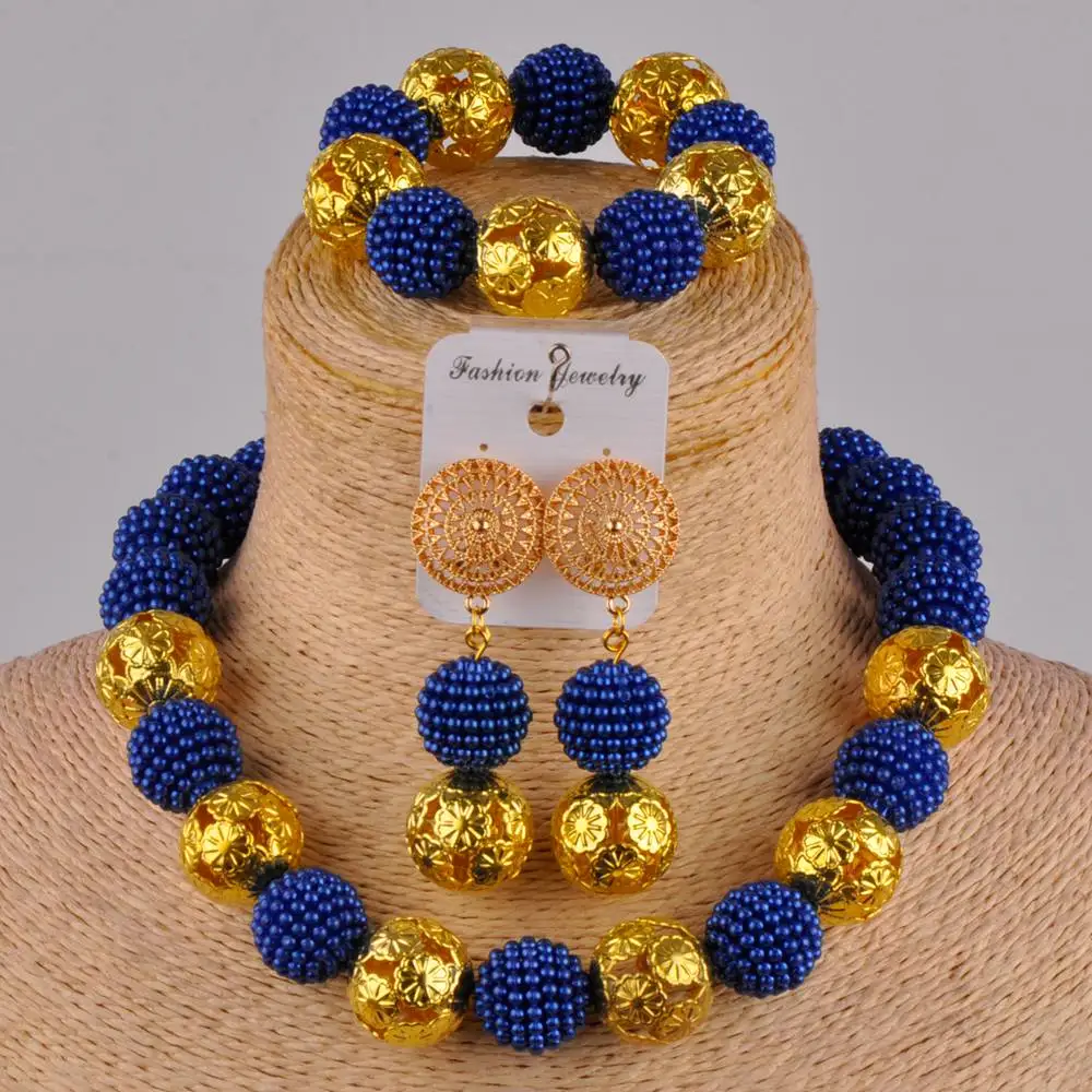 

elegant royal blue african beads jewelry set costume necklce nigerian wedding set FZZ31-05