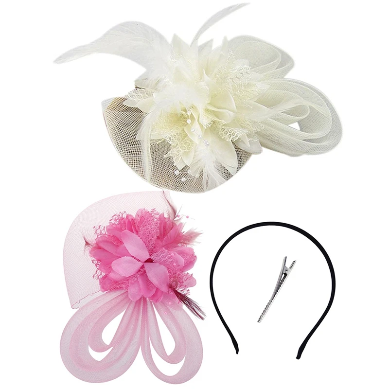 2 шт. Женская Маленькая Шпилька шапка с перьями кремово-белый розовым - купить по