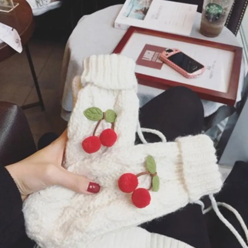 

Winter Warm Fashion Gloves Solid Color Hand Warmer Full Finger Mittens Halter Hanging Neck Cherry Knitted Soft Thick Warm Gloves