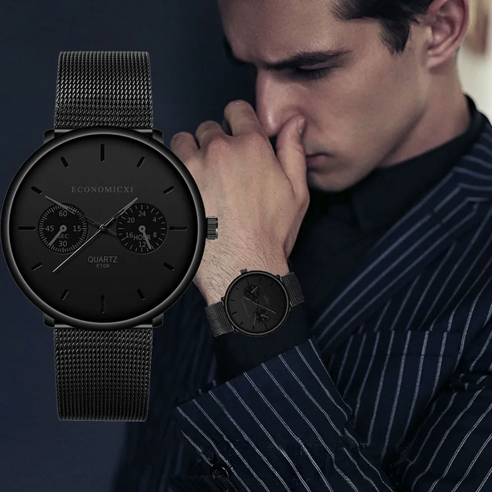 

Men'S Business Watches Full Black Mesh Steel Watch For Male Clocks Thin Fashion Wrist Watches Man Zegarek MęSki
