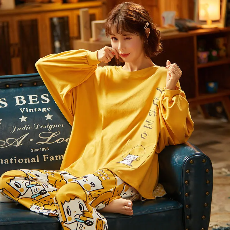 Pajamas Female Autumn and Winter Cotton Long Set of Casual Cartoon Can Be Worn Outside TheKoreanVersionofLooseStudentHomeClothes