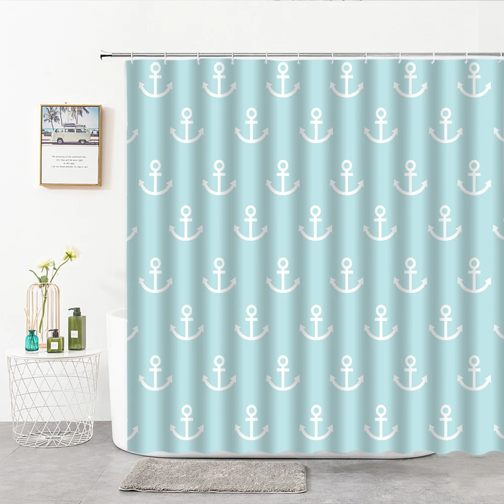 

Nautical Anchor Shower Curtains Fabric Hook Modern Cartoon European And American Navy Style Bath Curtain Children's room Decor