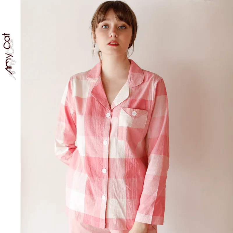 

2020 Autumn Plaid Printing Pajamas Washed Cotton Long Sleeves Pijama Loungewear 2 Piece Women Wear Home Clothes Simple Sleepwear
