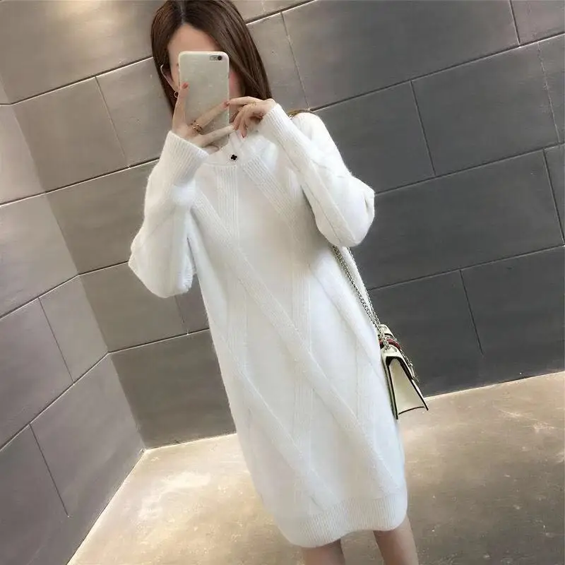 2020 Autumn Winter Womens Long Sleeve Sweater Pullovers Female Knitted Long Dress Ladies Solid Thicken Warm Clothes Female