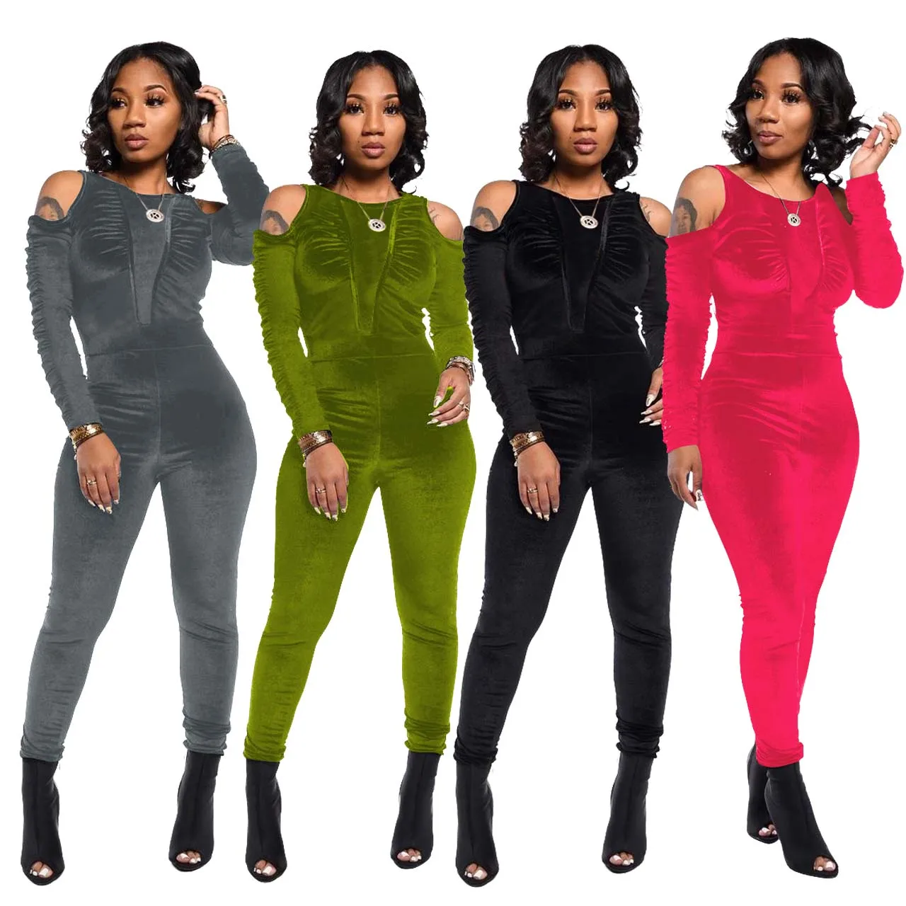 

Autumn Women One Piece Jumpsuit Long sleeve Bodysuit Hollow Out Velvet Ladies Rompers Club Skinny Fall Jumpsuits 2021