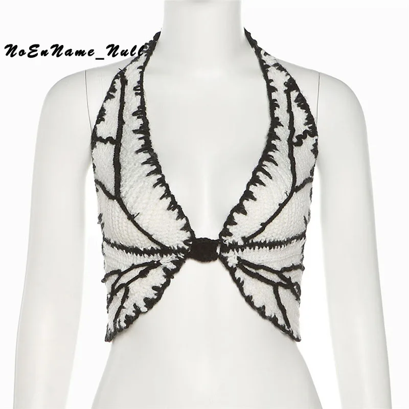 

Summer fashion trend new women wear hanging neck sling open back knitted hollow butterfly vest Sexy Club Chic Tailoring Backless