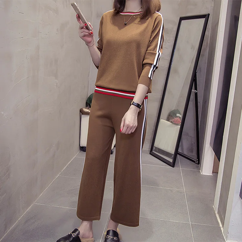 Женский спортивный костюм большого размера плюс вязаный свитер + штаны комплект