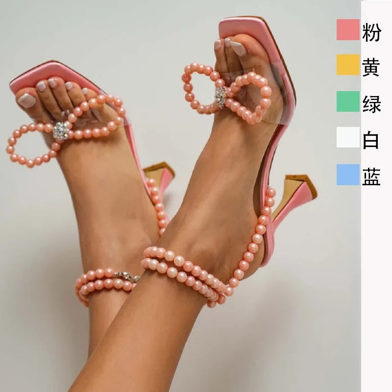 

Women's Pearl Detail Ankle Tied Heeled Sandals High Heels Party Luxury Pearl Bow Thick Heeled Sandals Women 2021 High Fashion